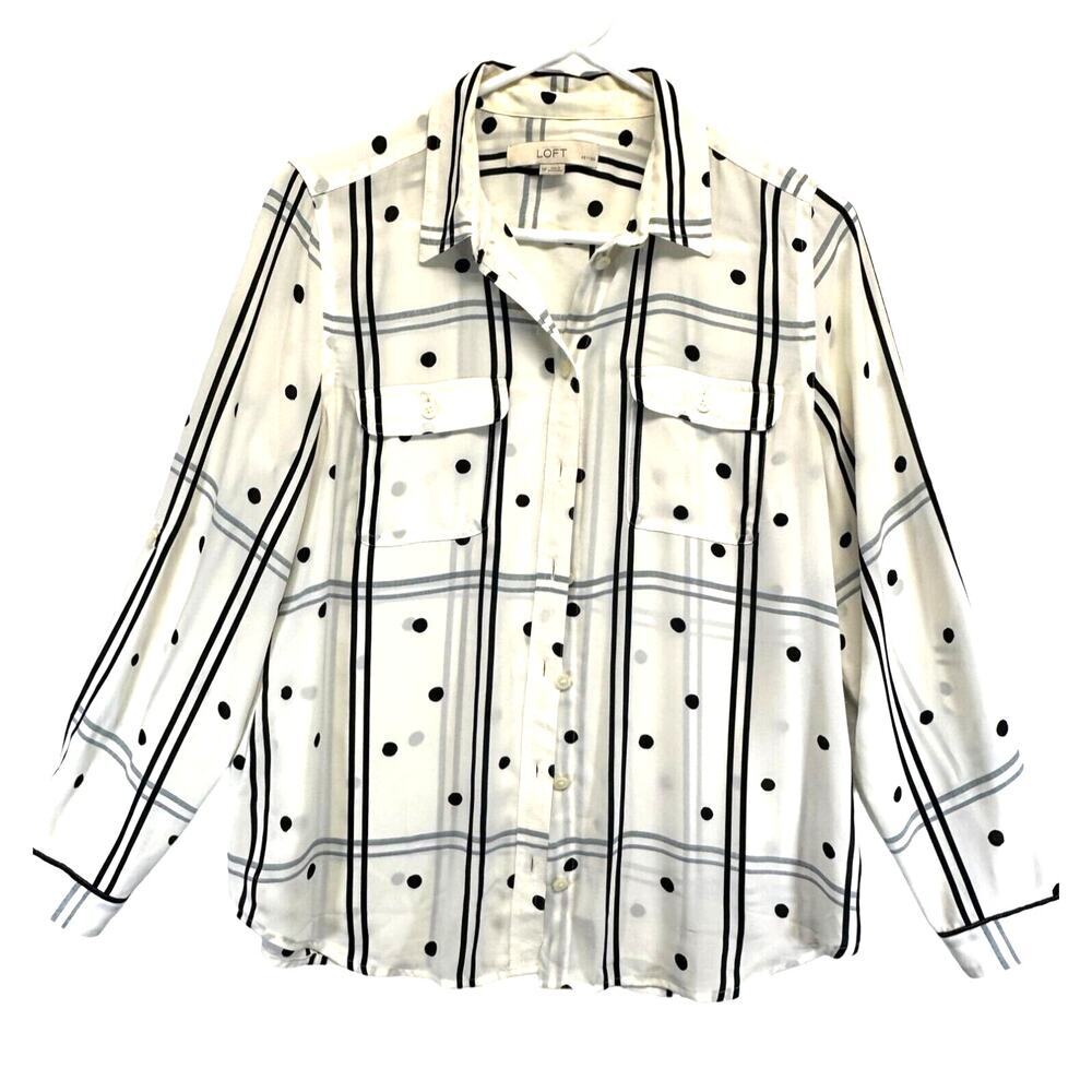 Ann Taylor Loft‎ Sheer Blouse L/S Cream w/ Black Polkadots Medium Petite Career